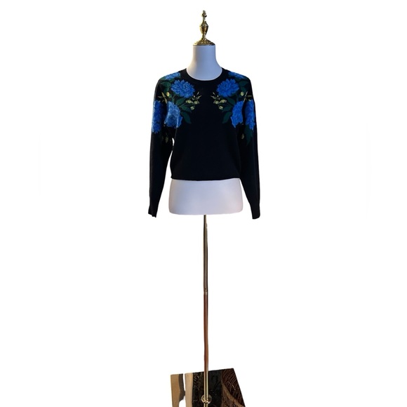 Maeve by Anthropologie Camryn Cropped Sweater Black w/ Blue & Yellow Floral - Picture 7 of 14
